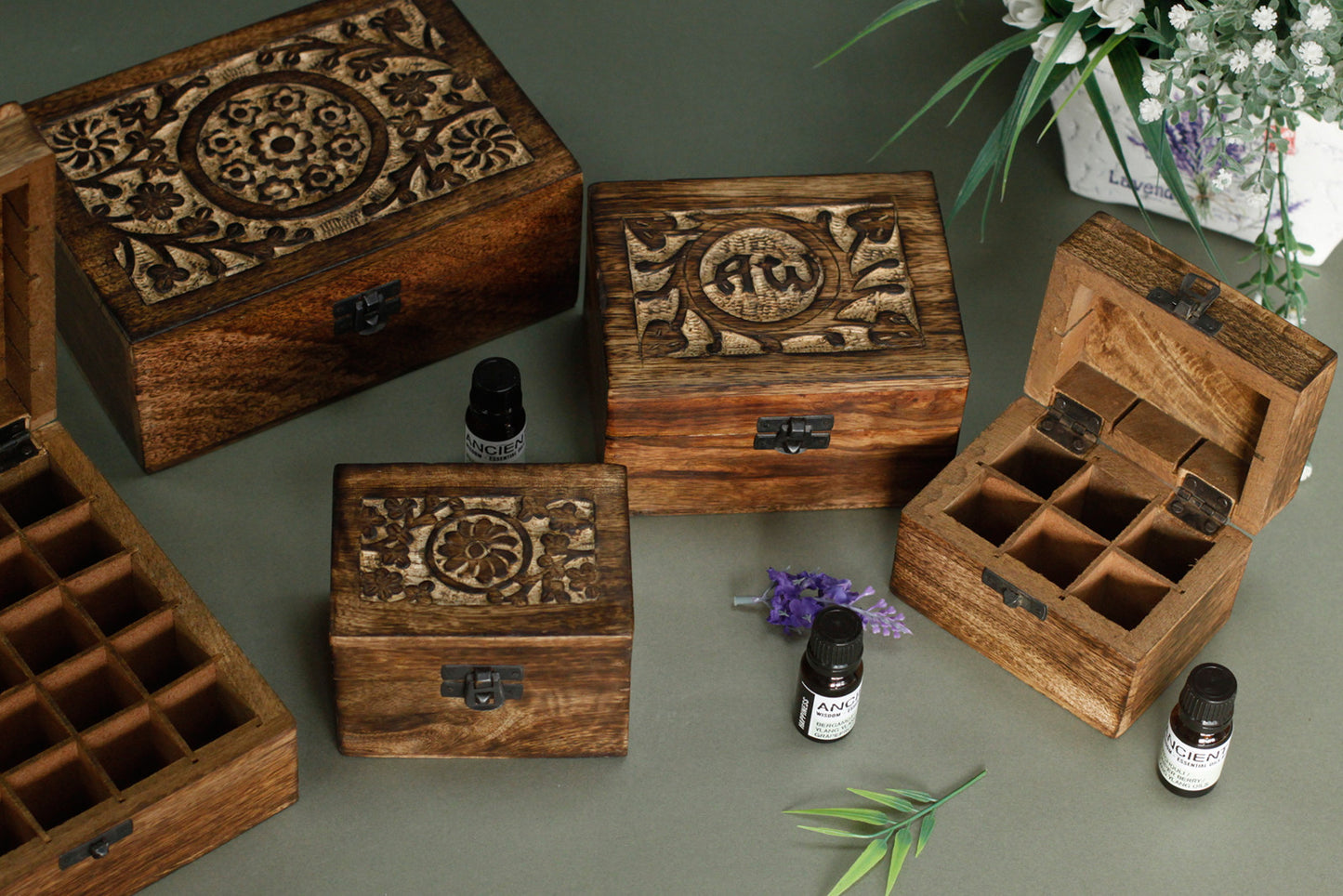 Aromatherapy Floral Carved Box, (Holds 12 x 10ml Bottles)