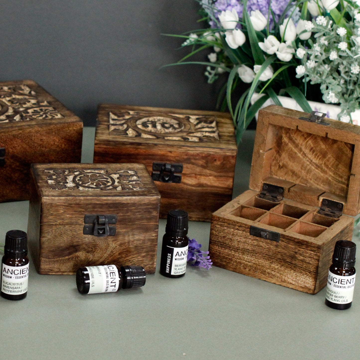 Aromatherapy Floral Carved Box, (Holds 32 x 10ml Bottles)